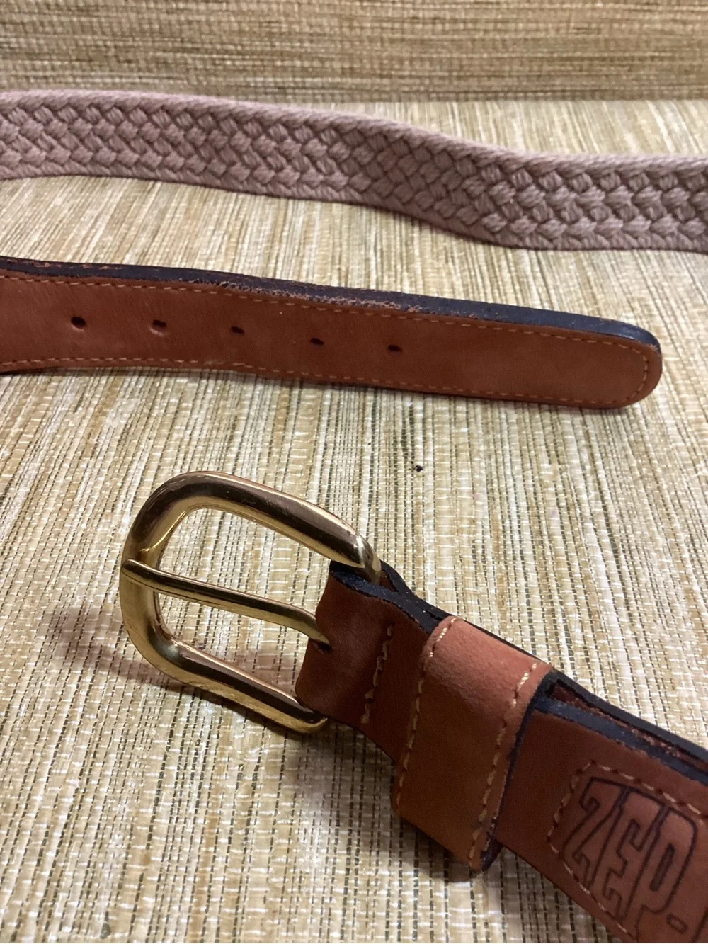 New Zep-Pro Braided Beige Belt with Brown Leather Accents Size 38